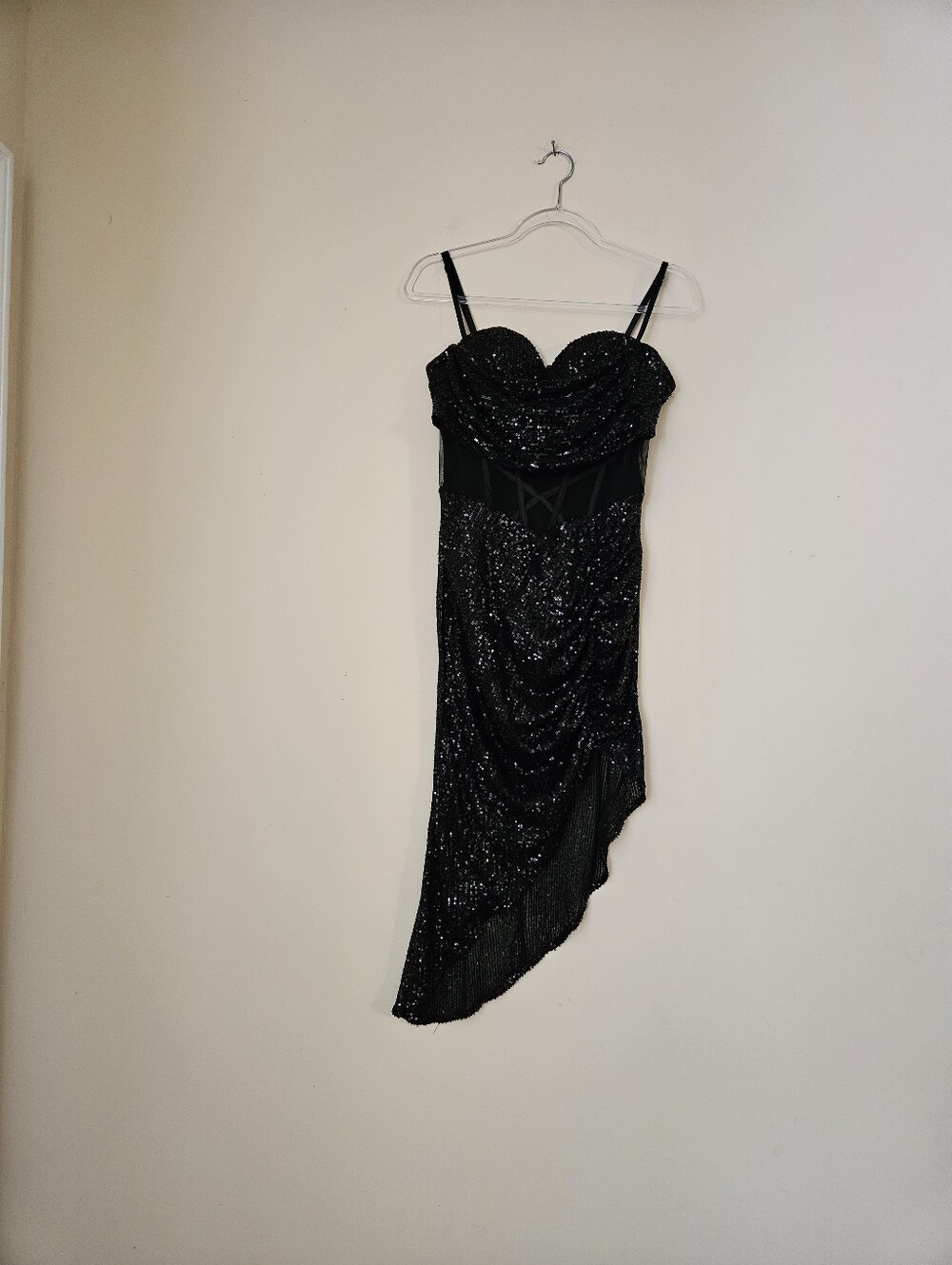 Banjul Black Sequined Asymmetrical Evening Dress, Size Large